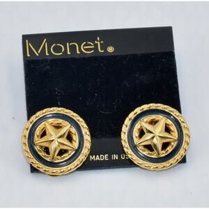 MONET Navy Blue Enamel Gold Tone W/ Center Star Clip-On Earrings NEW